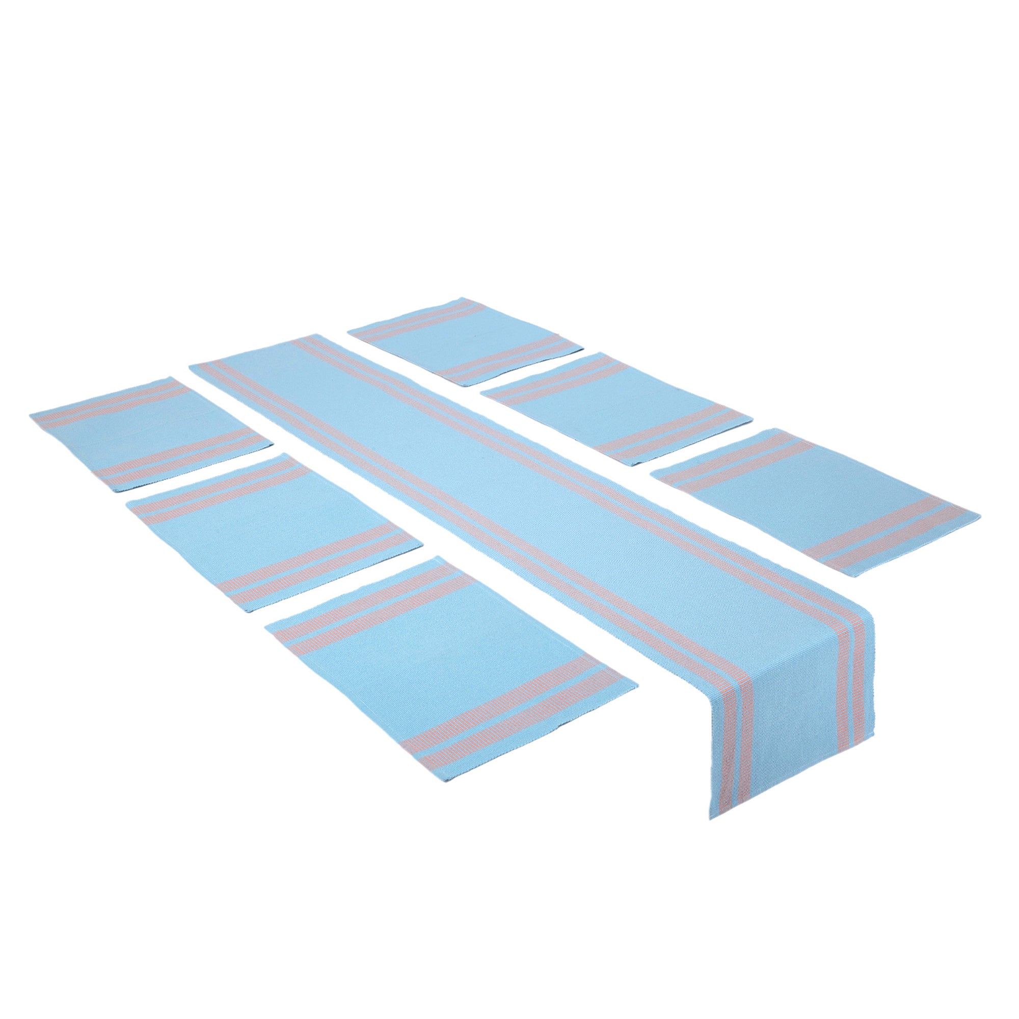 Cotton Ladder Blue Table Runner+Placemat (Pack of 7)
