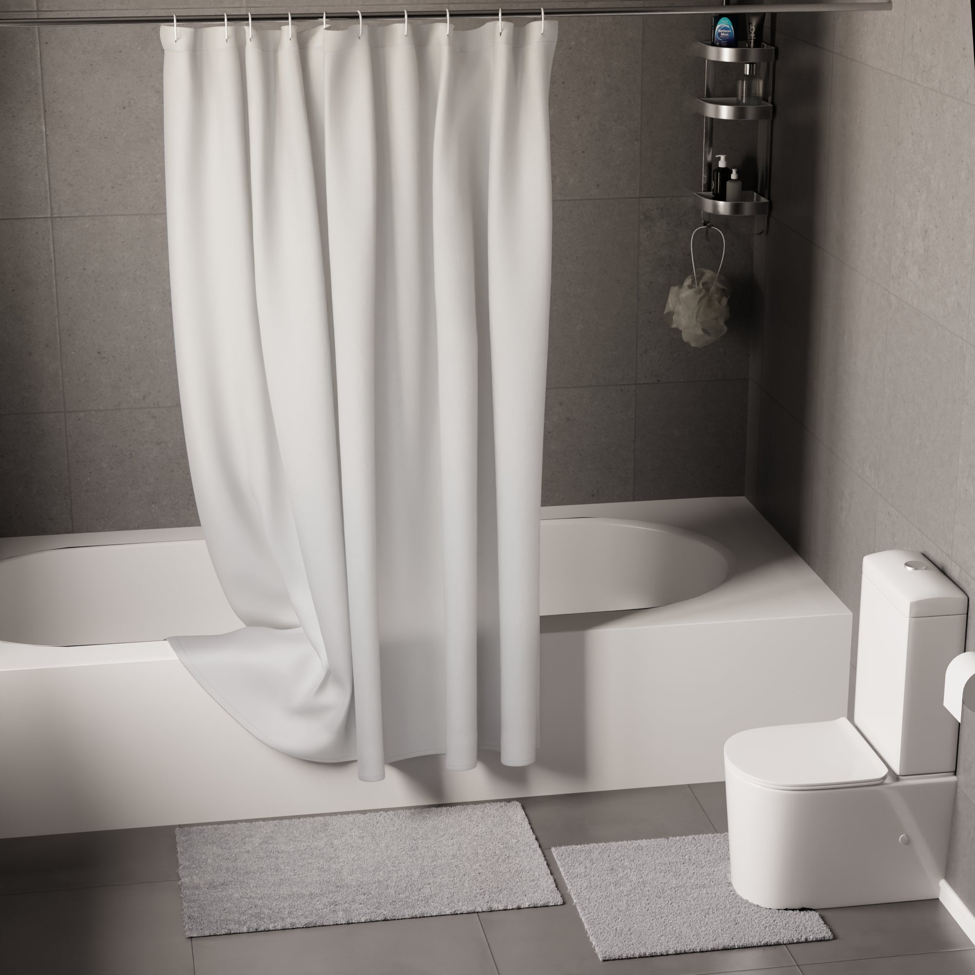 Polyester Grey Shower Curtain + Bathmat (Pack of 3)
