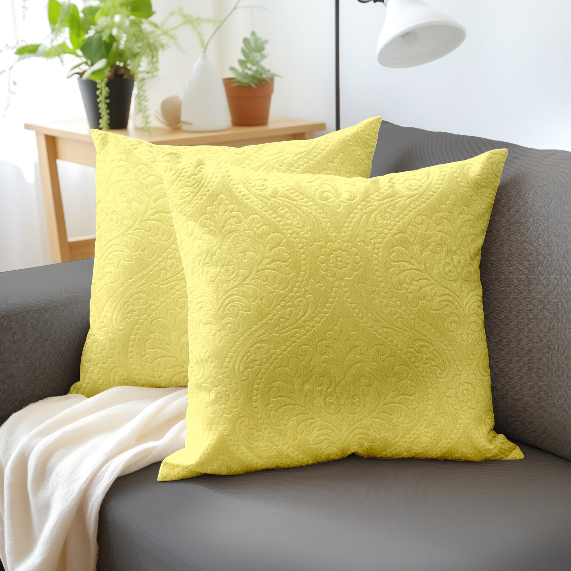 Embossed Velvet Pale Lime Cushion Cover (Pack of 2)