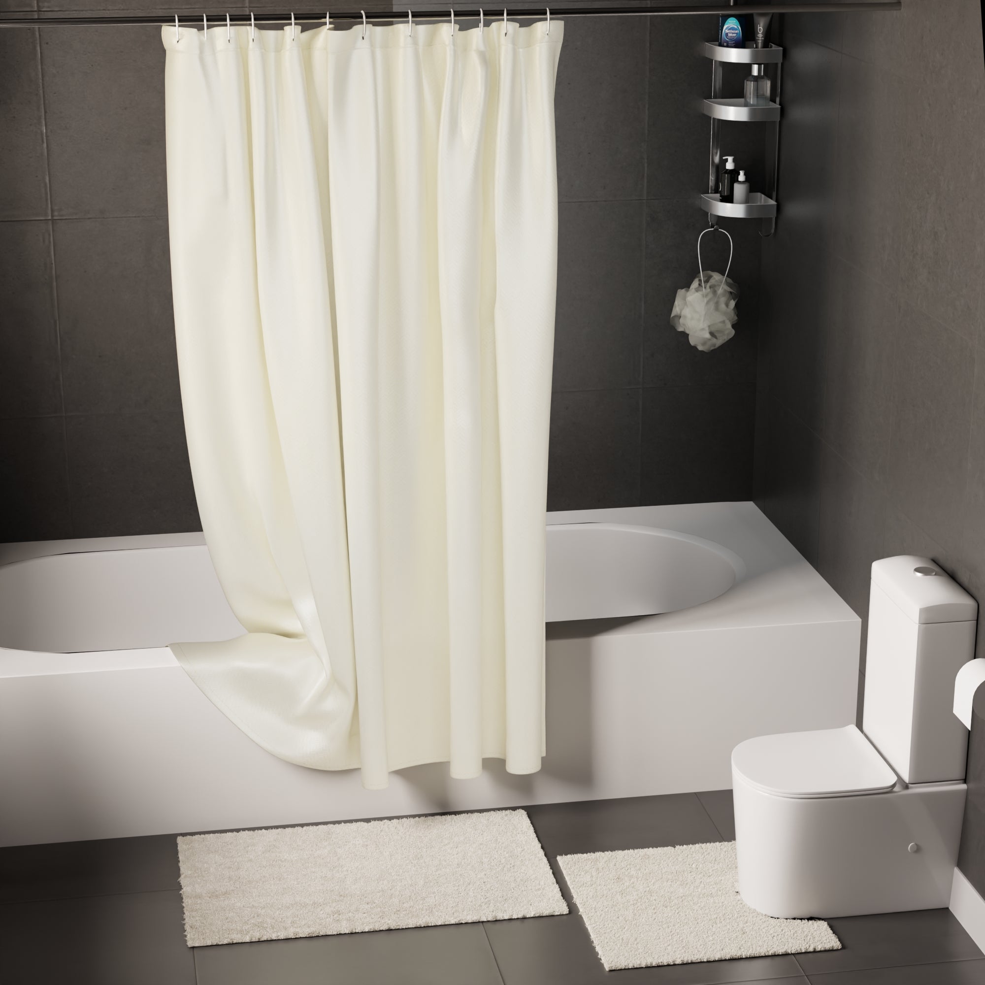 Polyester ZZ Cream Combo Shower Curtain + Bathmat (Pack of 3)
