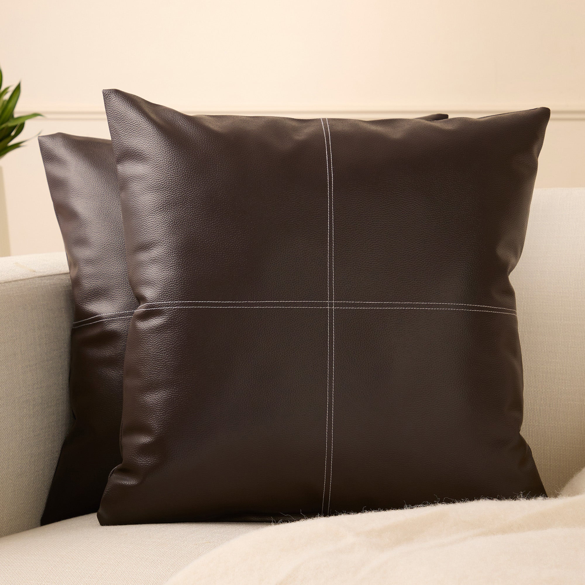 PVC Leather Dark Brown Stitch Cushion Cover (Pack of 2)