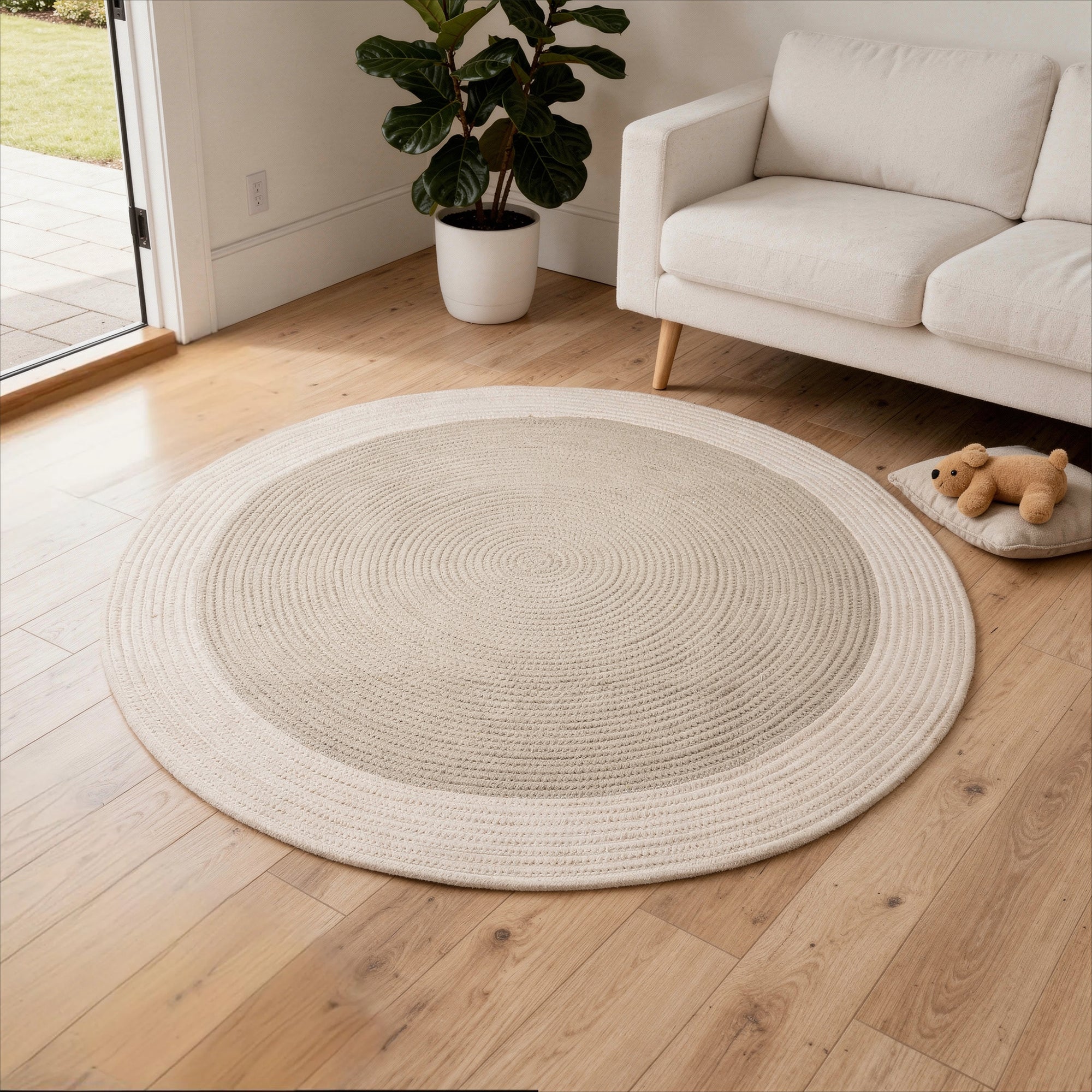 Reversible Round Rug Handwoven Natural Fiber Carpet Braided Area Rug | Neutral Boho Rug for Living Room, Bedroom, Nursery | Washable Area Rug Two Tone