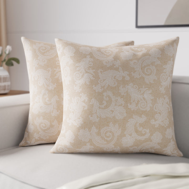 Chambray Cotton Floral Beige Cushion Cover (Pack of 2)
