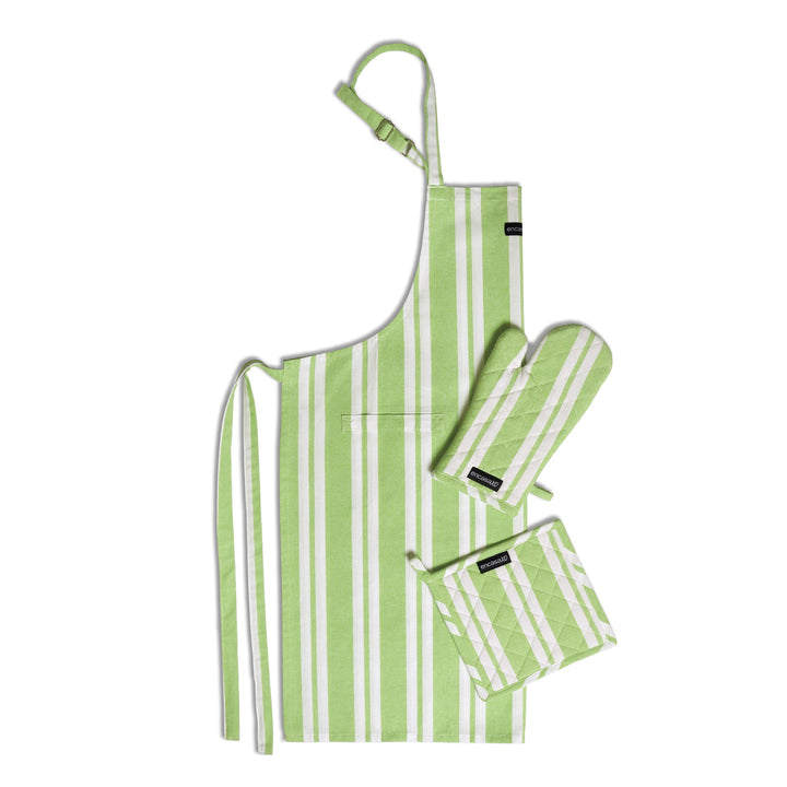 Cotton Franca Lime Stripes Apron + Oven Glove + Pot Holder (Pack of 3)