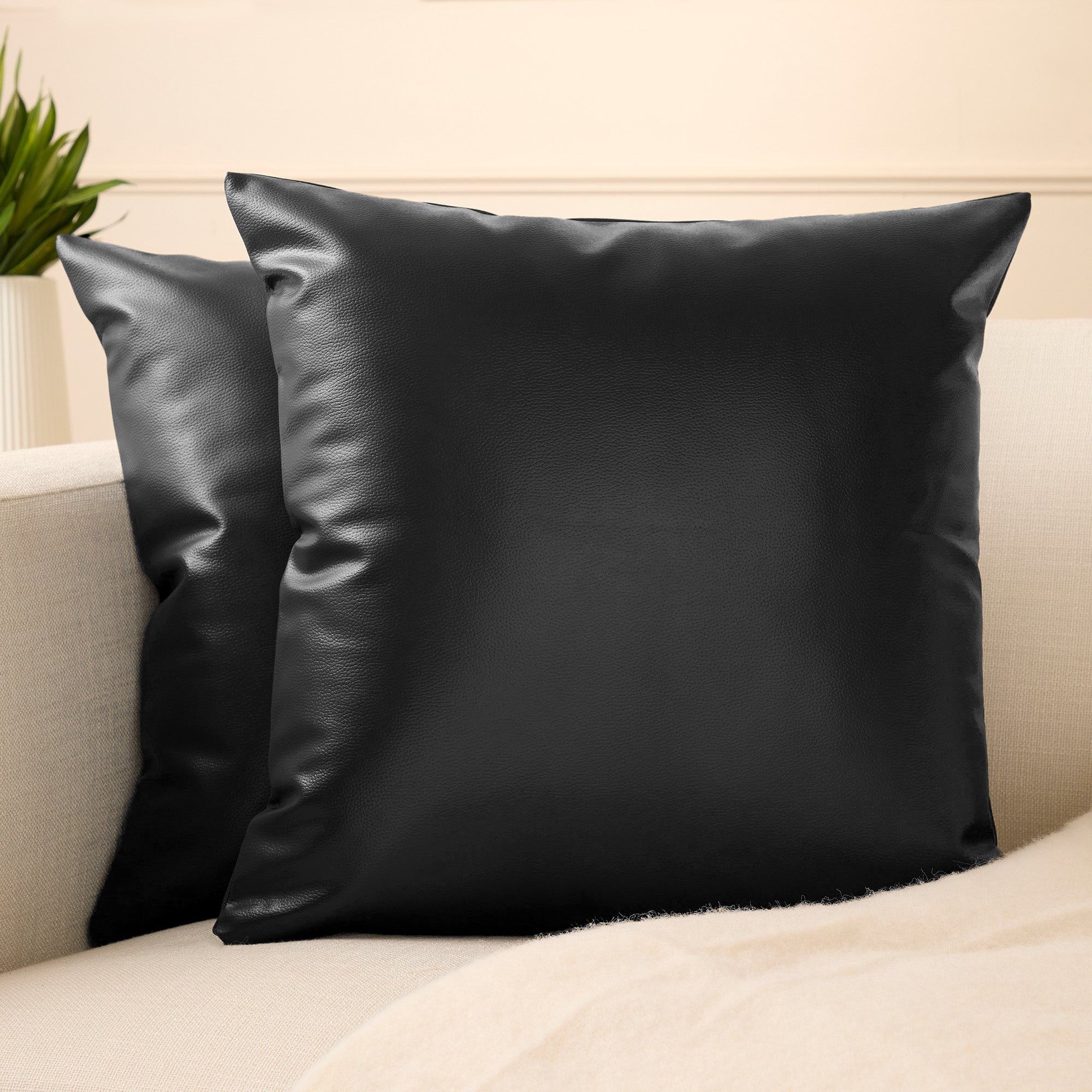 PVC Leather Black Cushion Cover (Pack of 2)