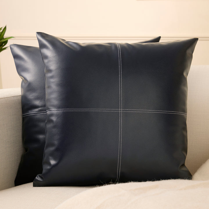 PVC Leather Navy Blue Stitch Cushion Cover (Pack of 2)