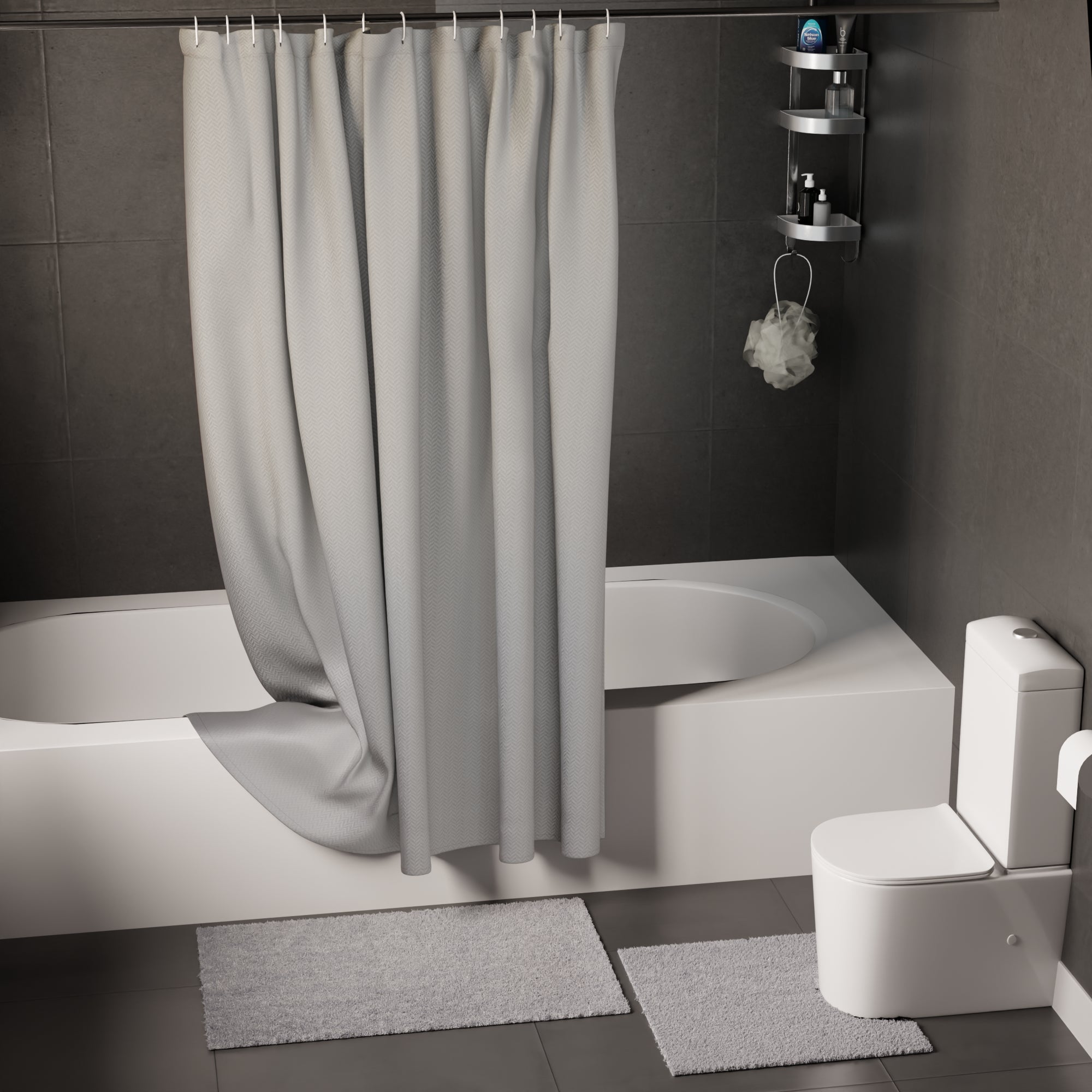 Polyester ZZ Light Grey Combo Shower Curtain + Bathmat (Pack of 3)