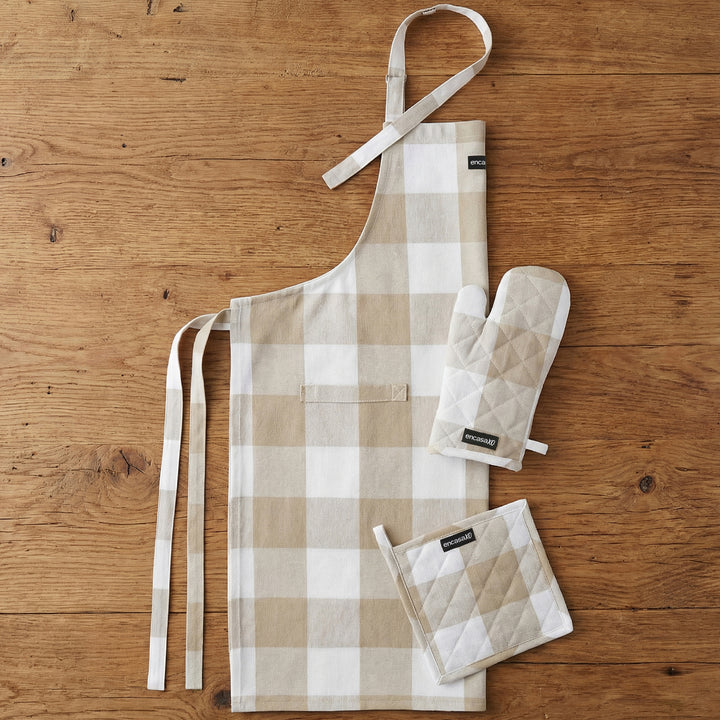 Cotton Buffalo Beige Checks Apron + Oven Glove + Pot Holder (Pack of 3)