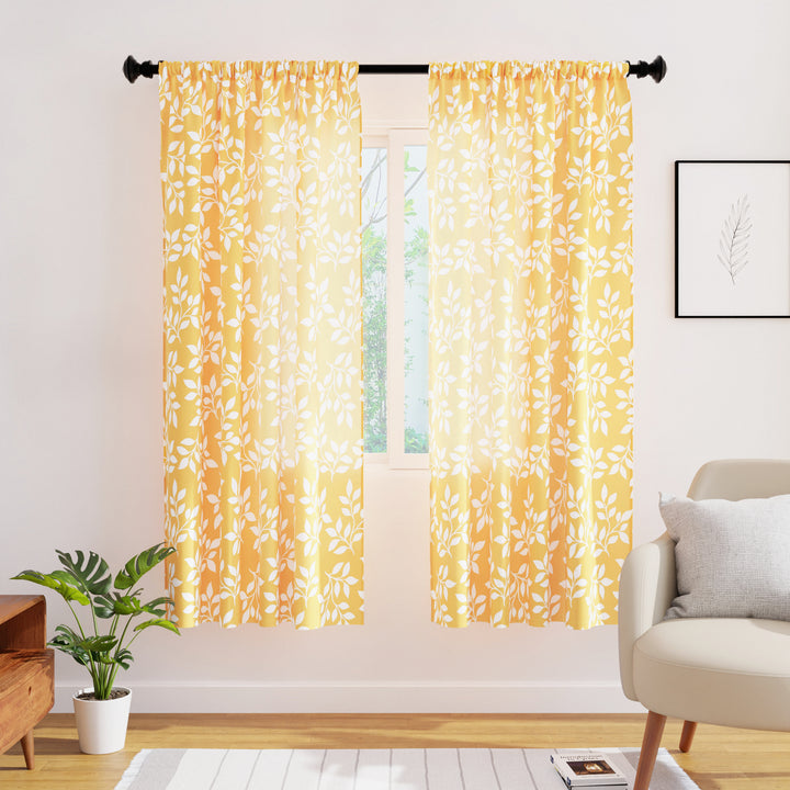 Polyester Reverse Leaf Yellow Curtain (Pack of 2)