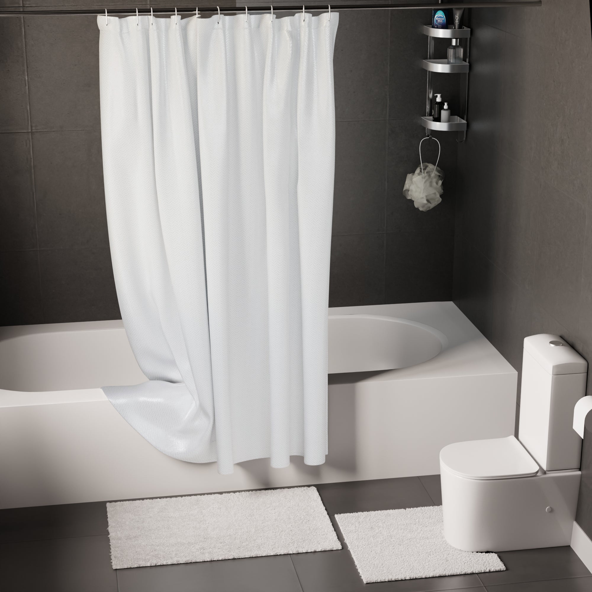 Polyester ZZ White Combo Shower Curtain + Bathmat (Pack of 3)