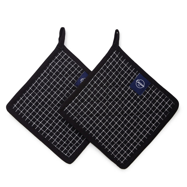 Cotton Butcher Checks Black Pot Holders (Pack of 2)