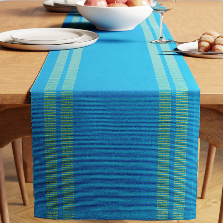 Ribbed Cotton Ladder Turq Blue Table Runner (Pack of 1)