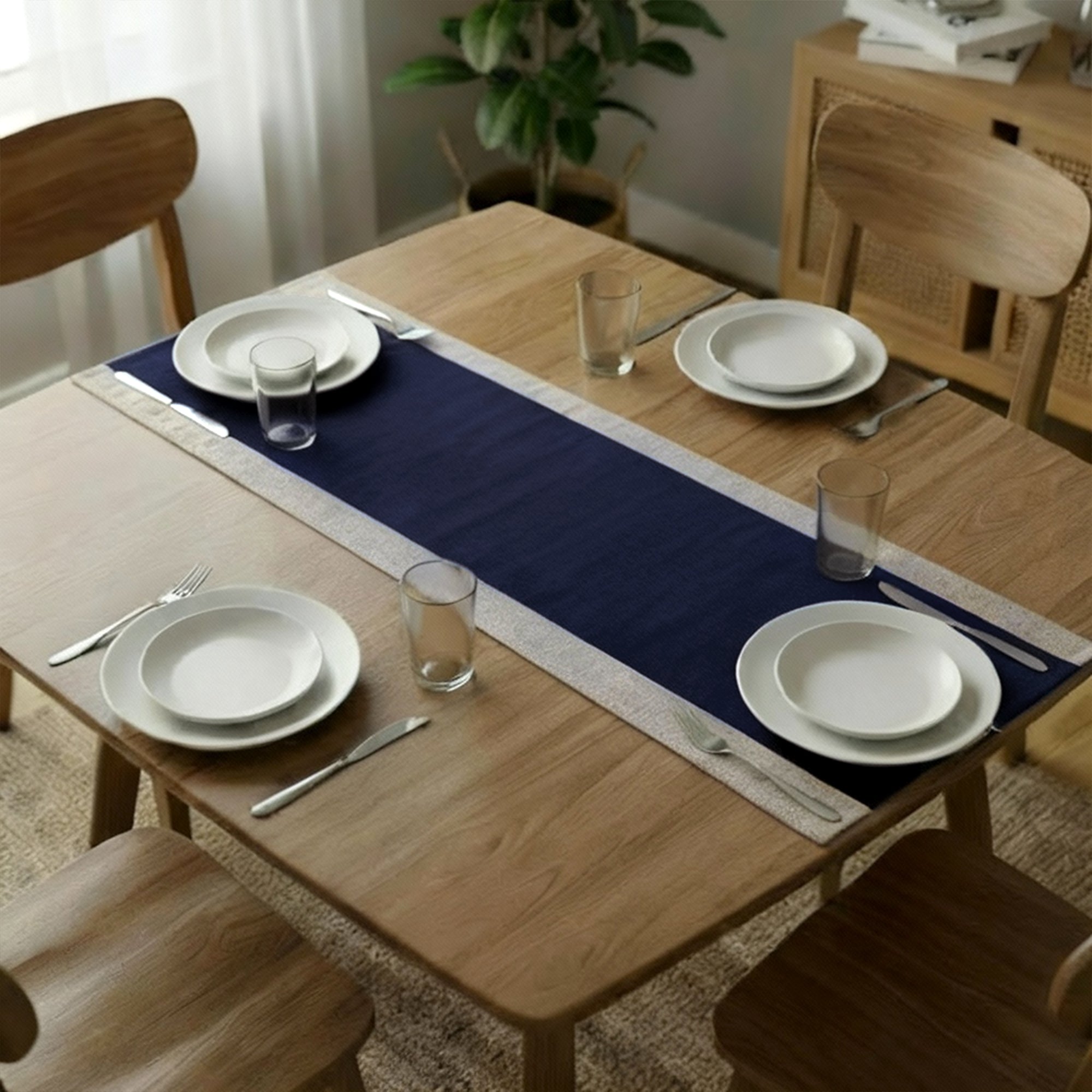 Cotton Grey & Blue Table Runner (Pack of 1)