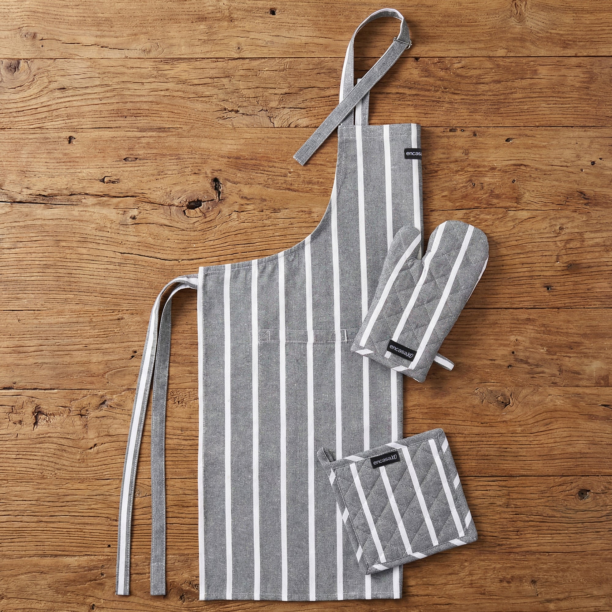 Cotton Roma Grey Stripes Apron + Oven Glove + Pot Holder (Pack of 3)