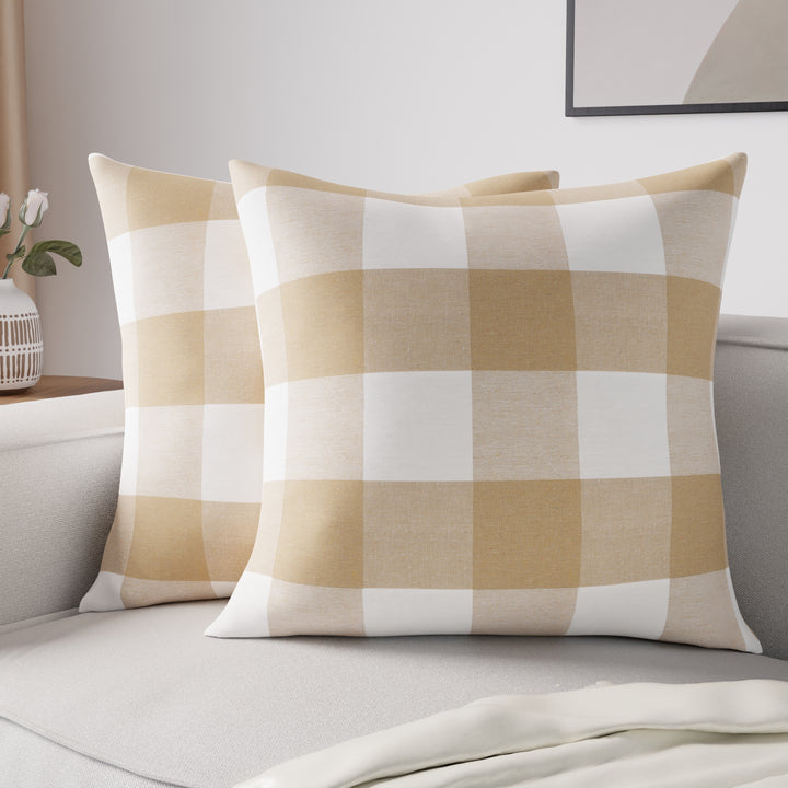 Cotton Buffalo Beige Checks Cushion Cover (Pack of 2)
