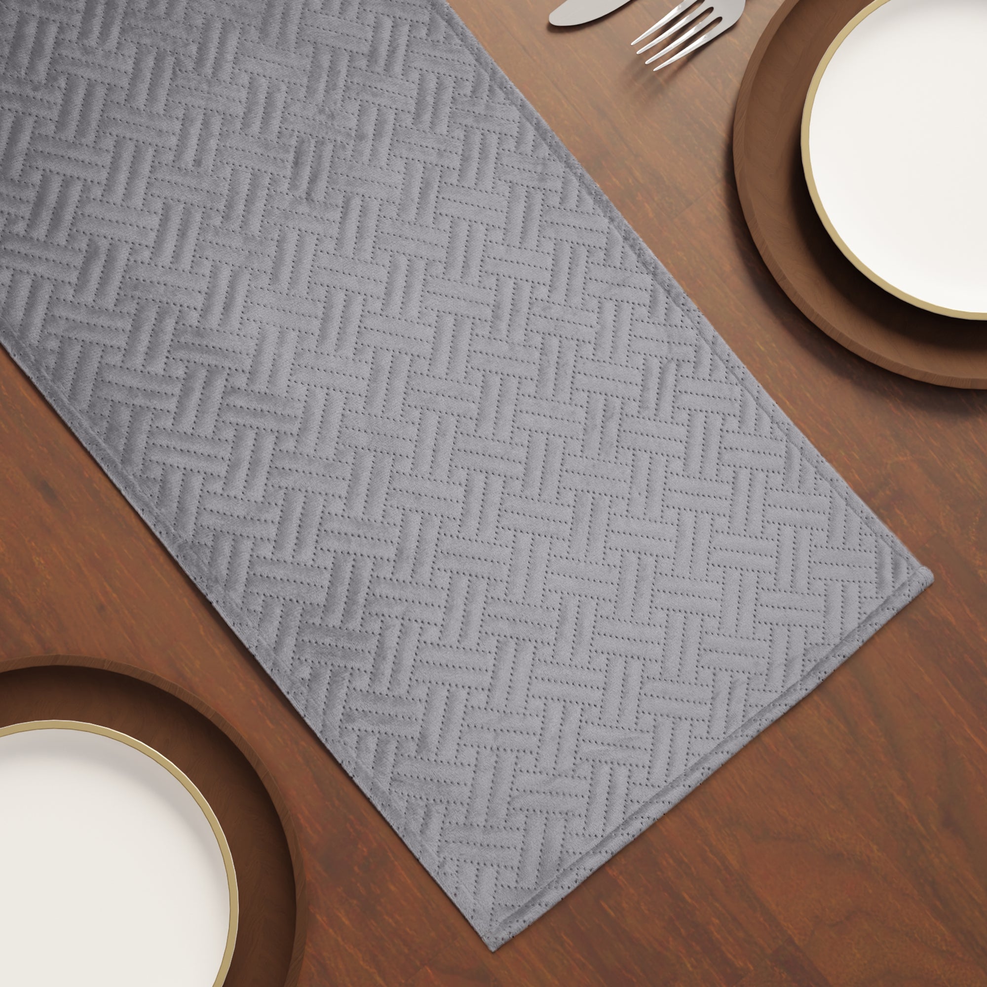 Quilted Velvet Light Grey Table Runner