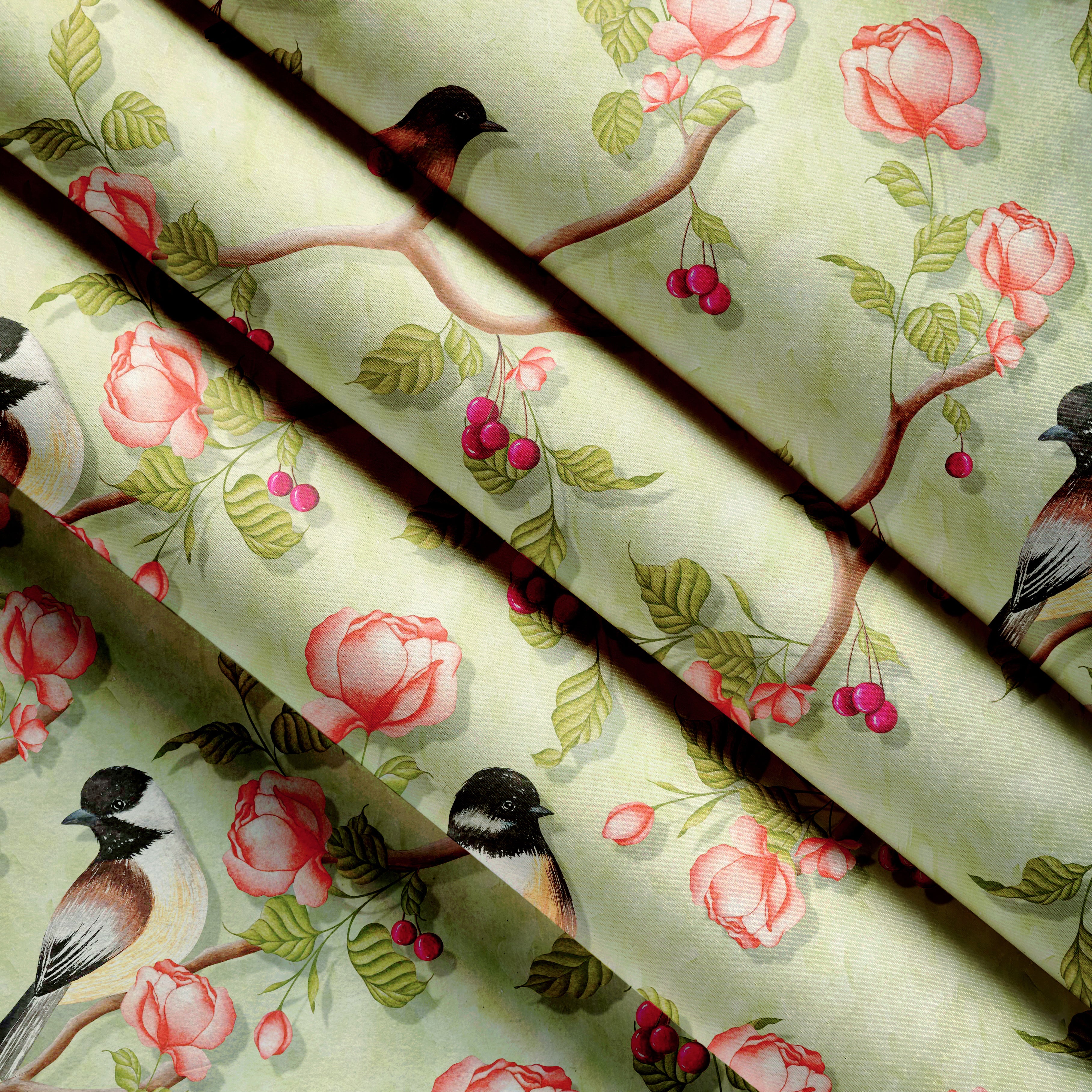 Blackout Polyester Sage Green Birds Fabric 1 Meter