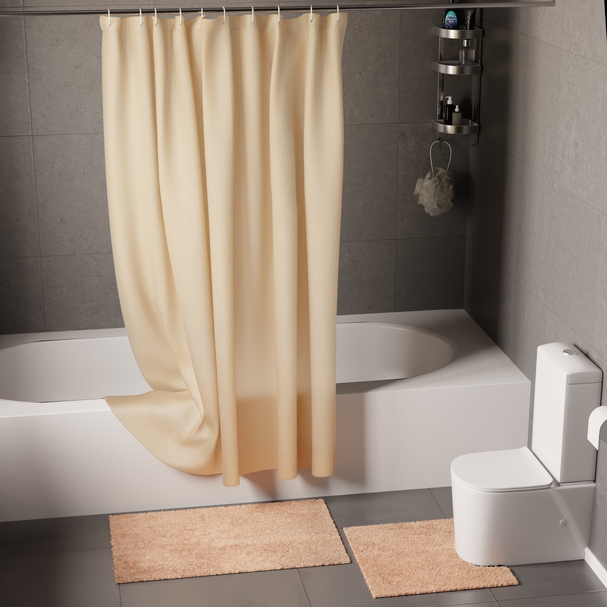 Polyester Beige Shower Curtain + Bathmat (Pack of 3)