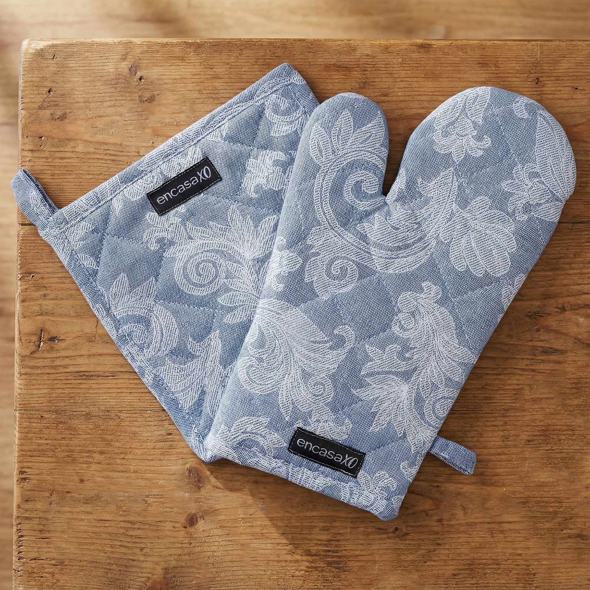 Cotton Floral Blue Oven Glove & Pot Holder