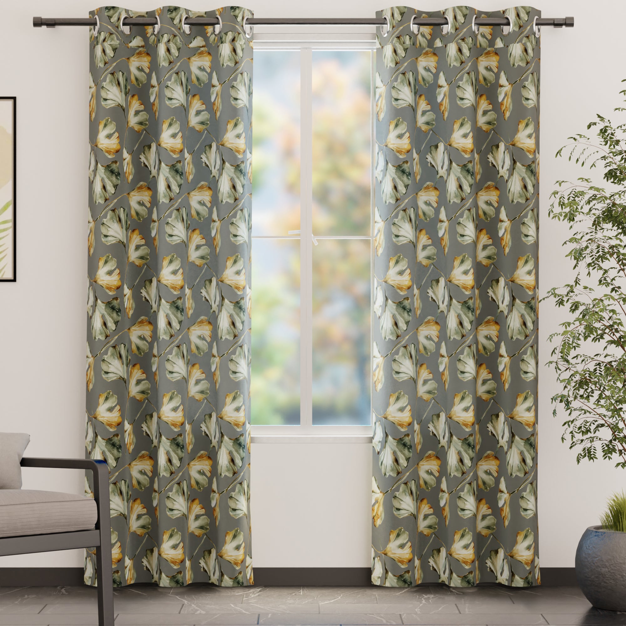 Blackout Polyester Gingko Grey Curtain (Pack of 2)