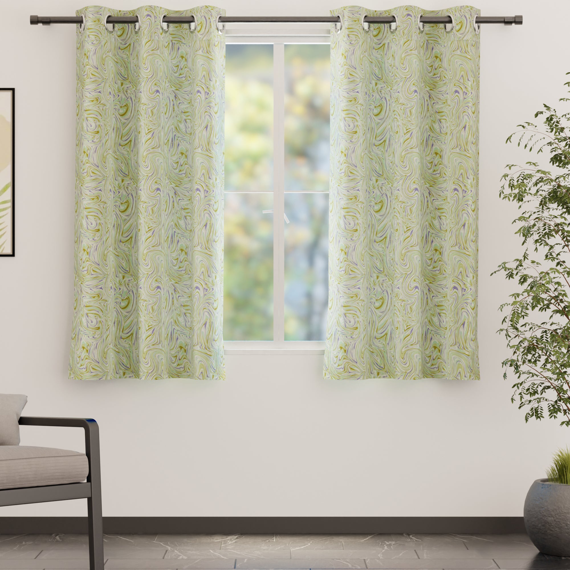 Blackout Polyester Marble Lime Curtain (Pack of 2)