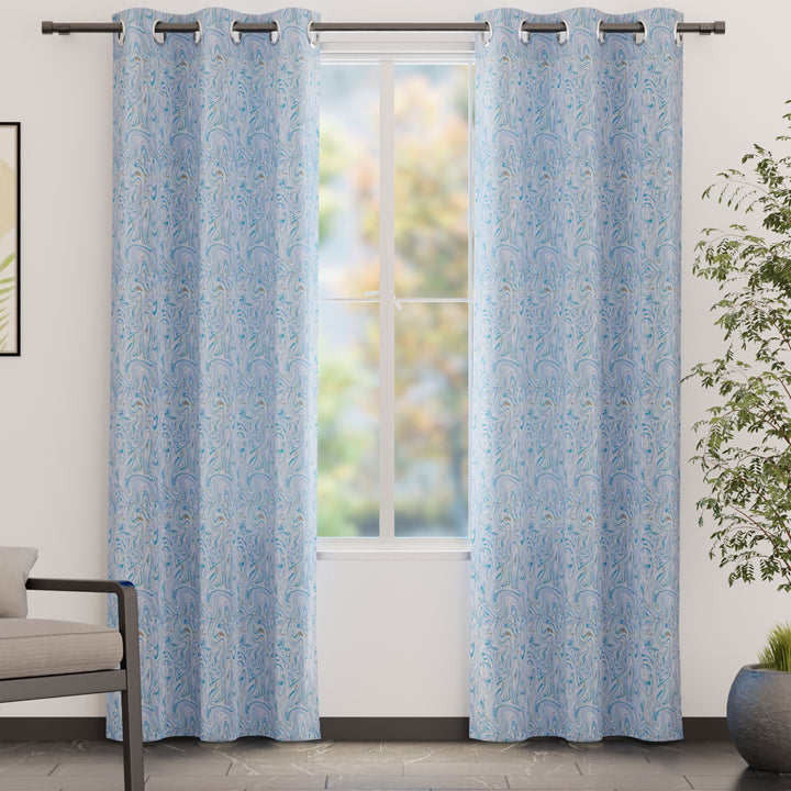 Blackout Polyester Marble Turq Curtain (Pack of 2)