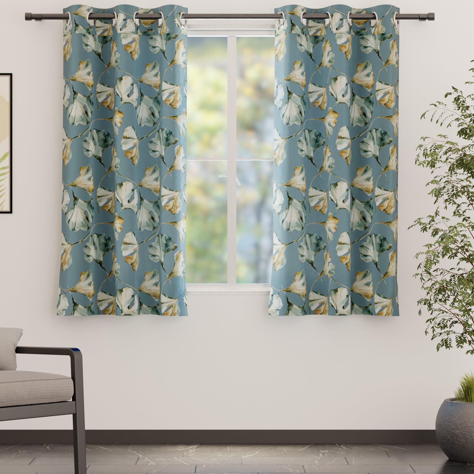 Blackout Polyester Gingko Blue Curtain (Pack of 2)