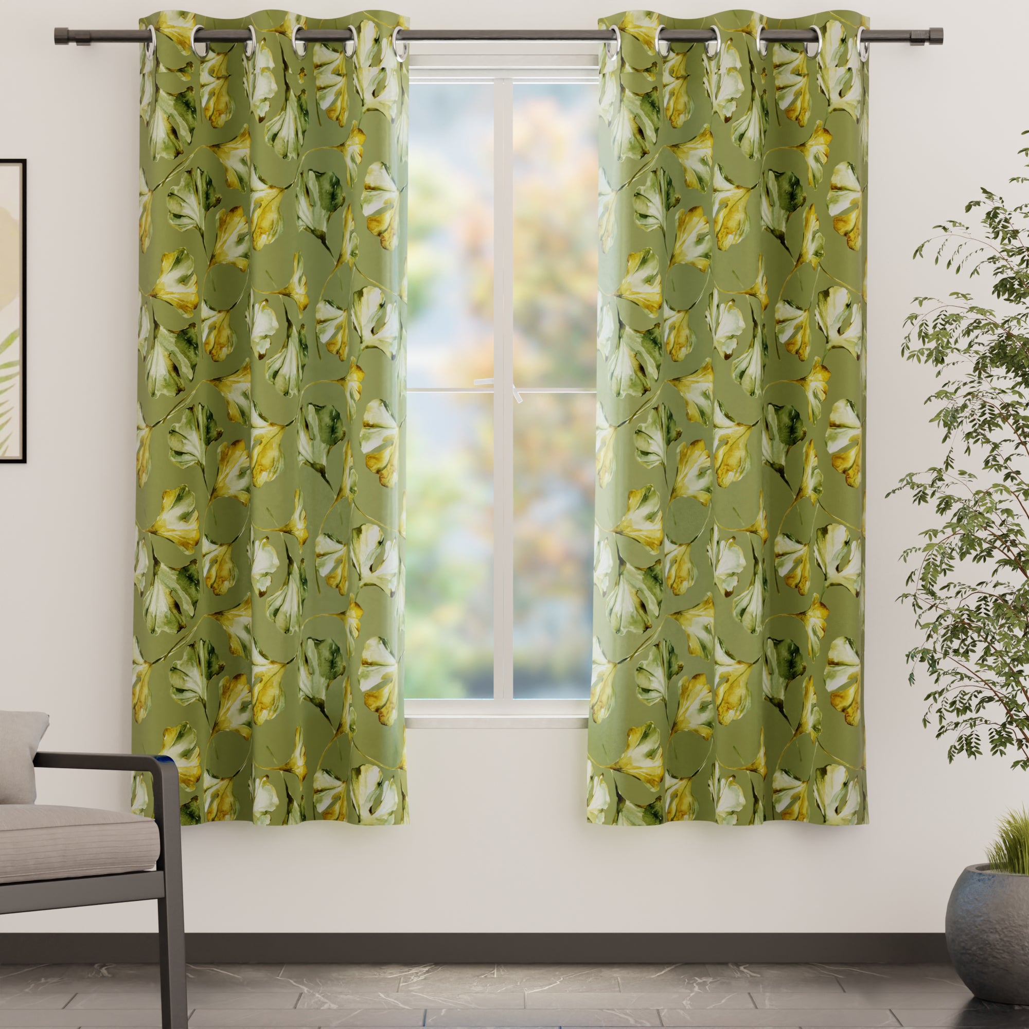 Blackout Polyester Gingko Green Curtain (Pack of 2)