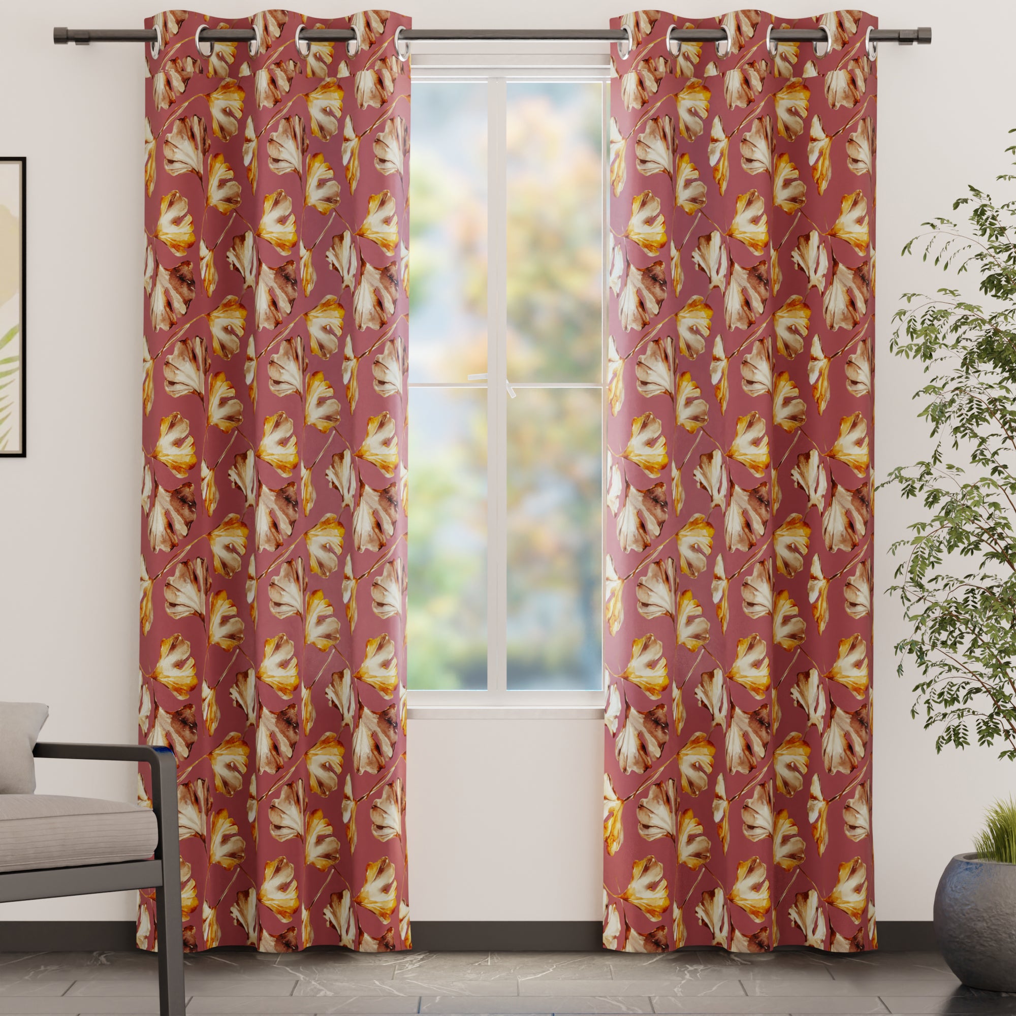 Blackout Polyester Gingko Plum Curtain (Pack of 2)