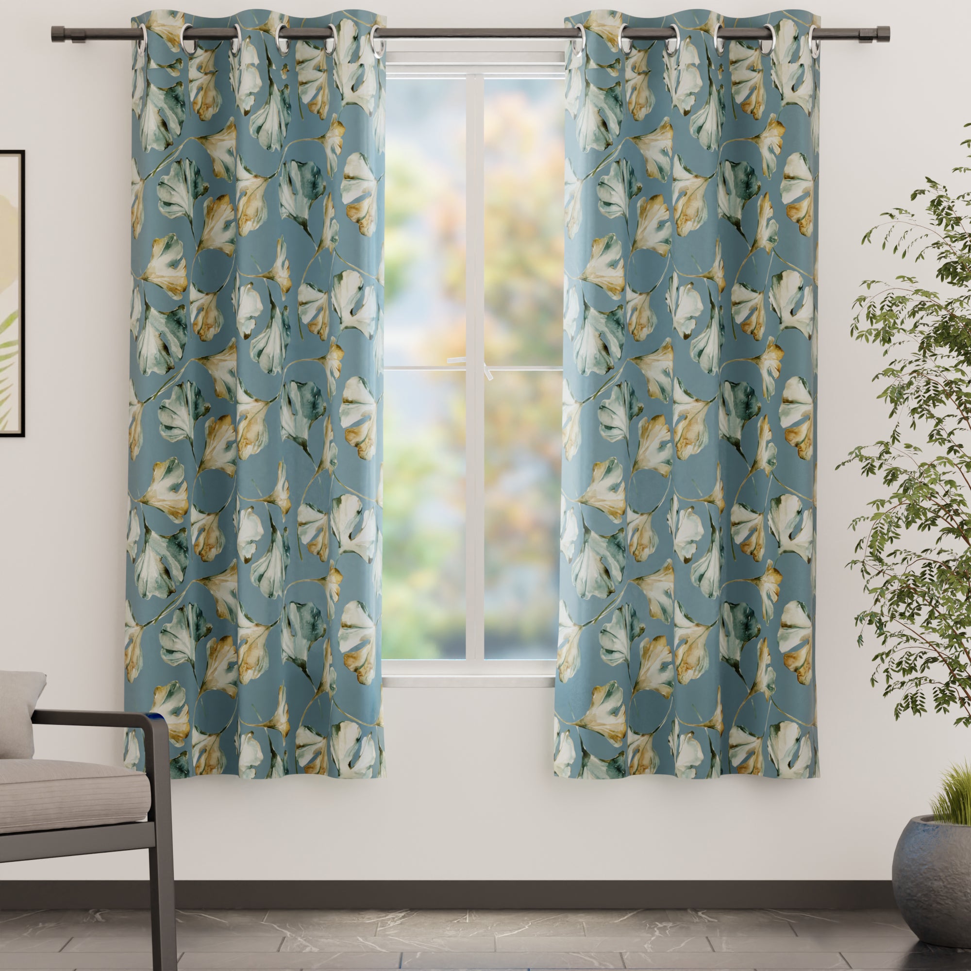 Blackout Polyester Gingko Blue Curtain (Pack of 2)