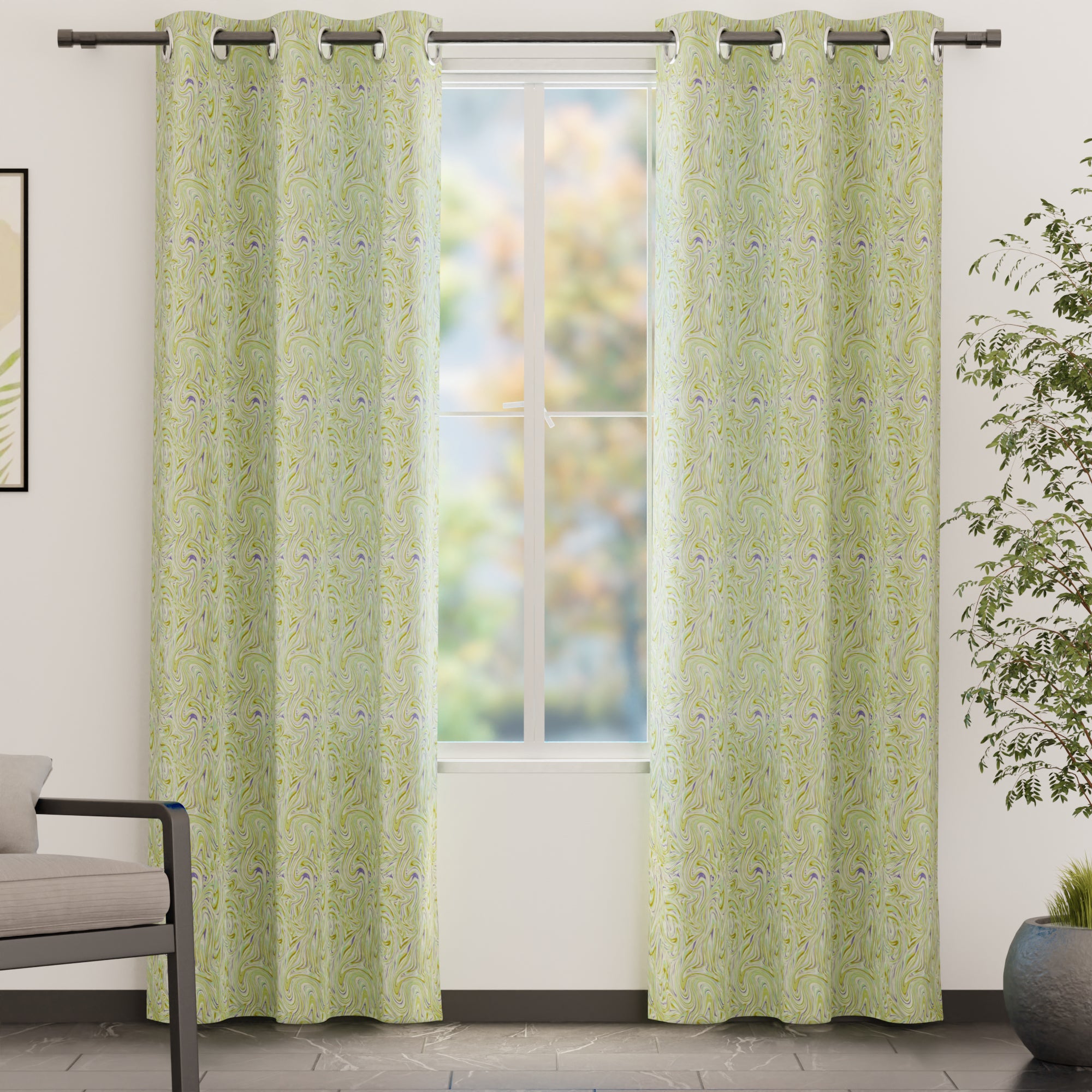 Blackout Polyester Marble Lime Curtain (Pack of 2)