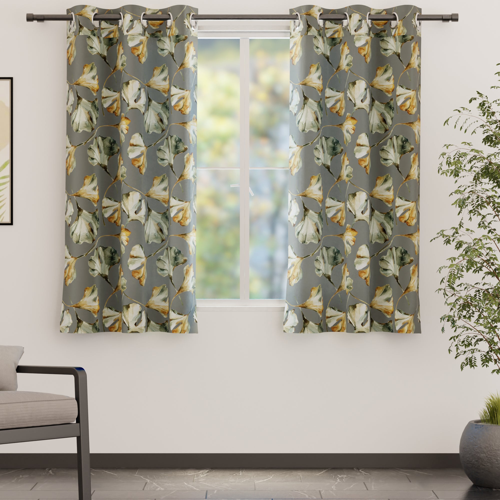 Blackout Polyester Gingko Grey Curtain (Pack of 2)