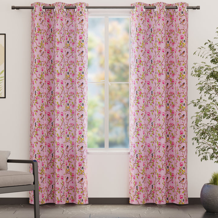 Blackout Polyester Dusty Pink Birds Curtain (Pack of 2)