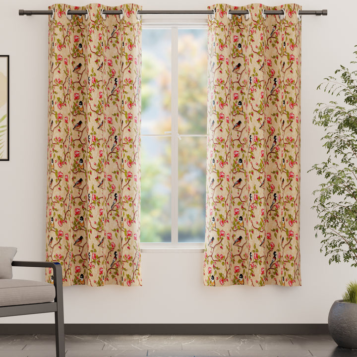 Blackout Polyester Pale Gold Birds Curtain (Pack of 2)