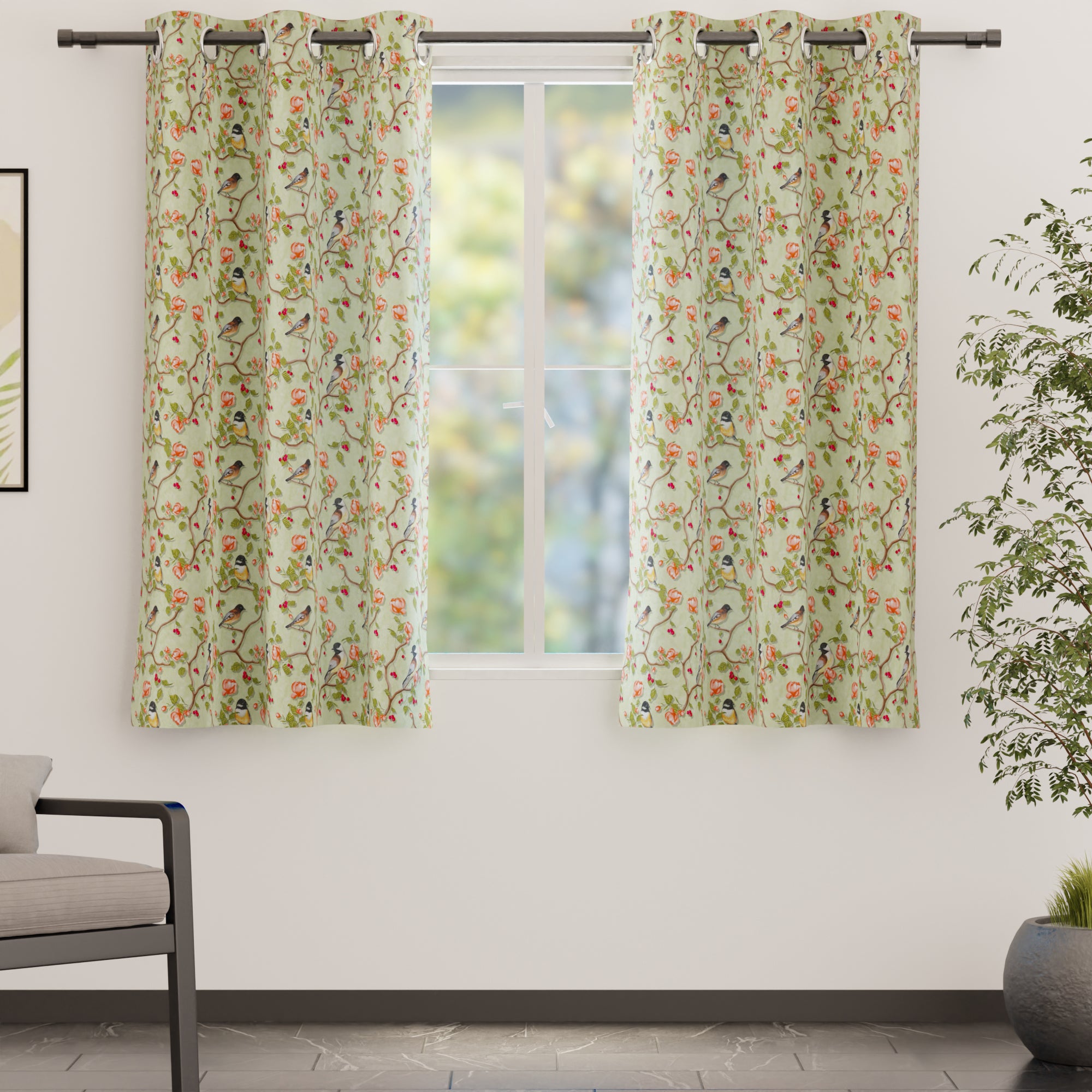 Blackout Polyester Sage Green Birds Curtain (Pack of 2)