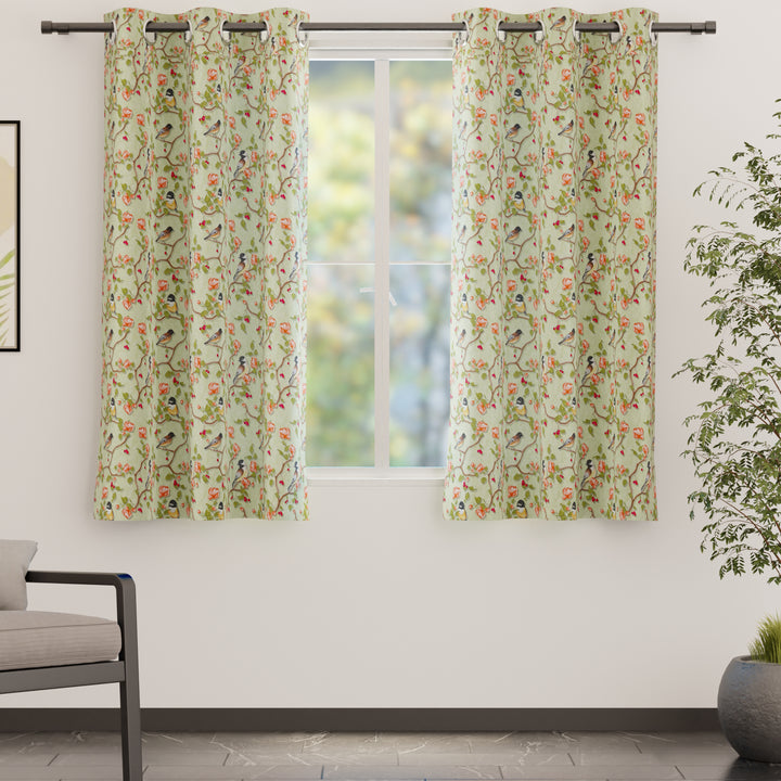 Blackout Polyester Sage Green Birds Curtain (Pack of 2)