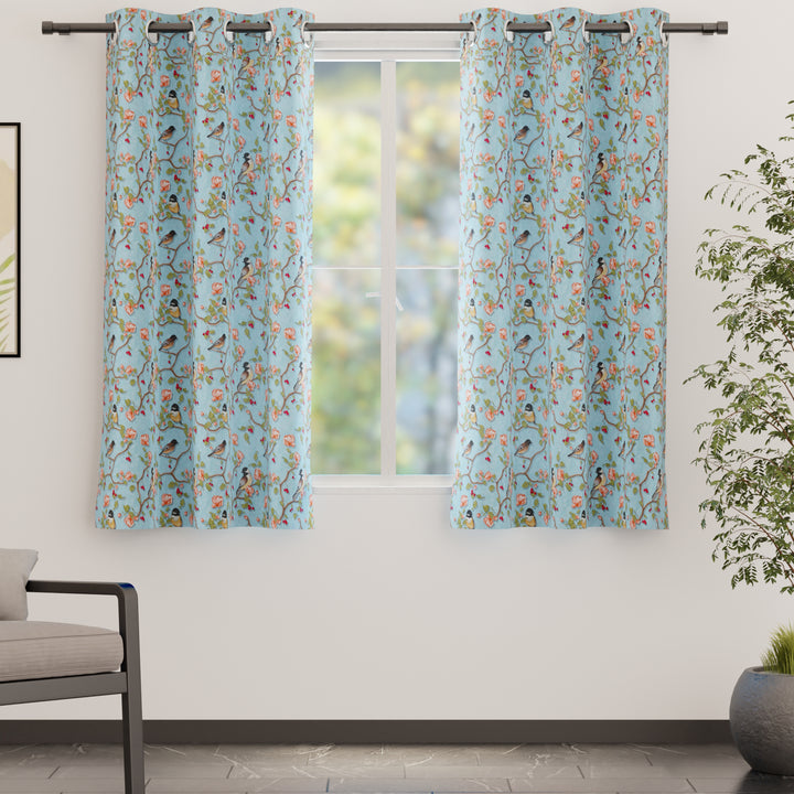 Blackout Polyester Sky Blue Birds Curtain (Pack of 2)