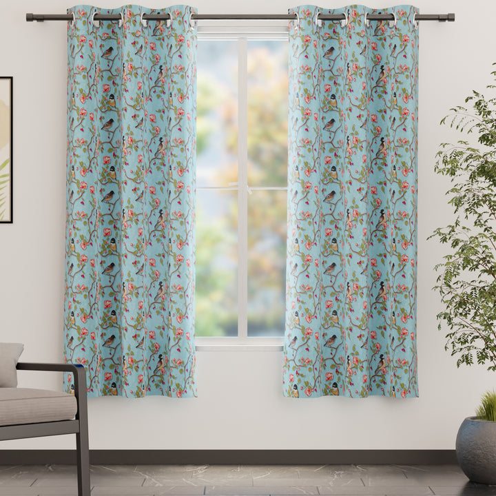 Blackout Polyester Sky Blue Birds Curtain (Pack of 2)