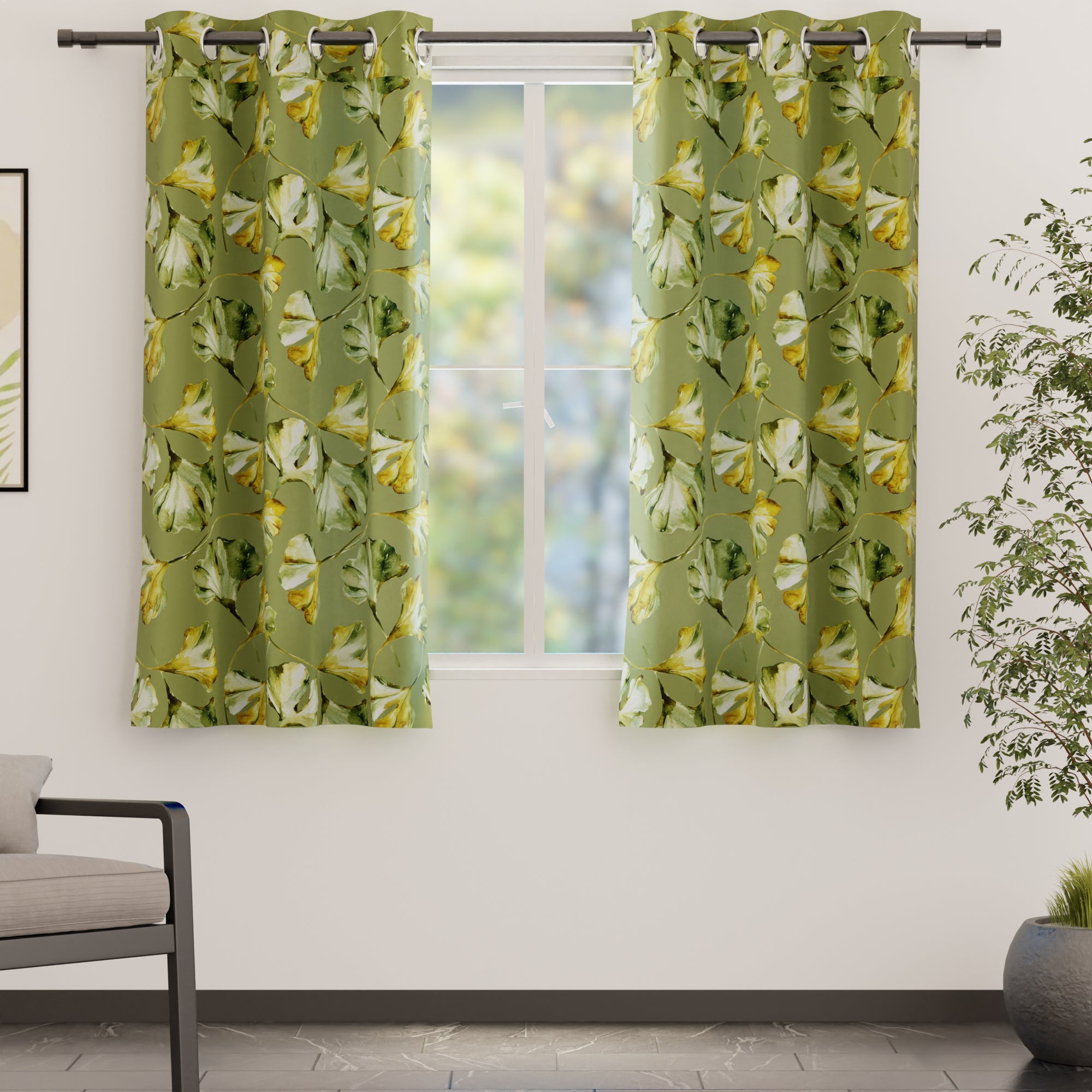 Blackout Polyester Gingko Green Curtain (Pack of 2)