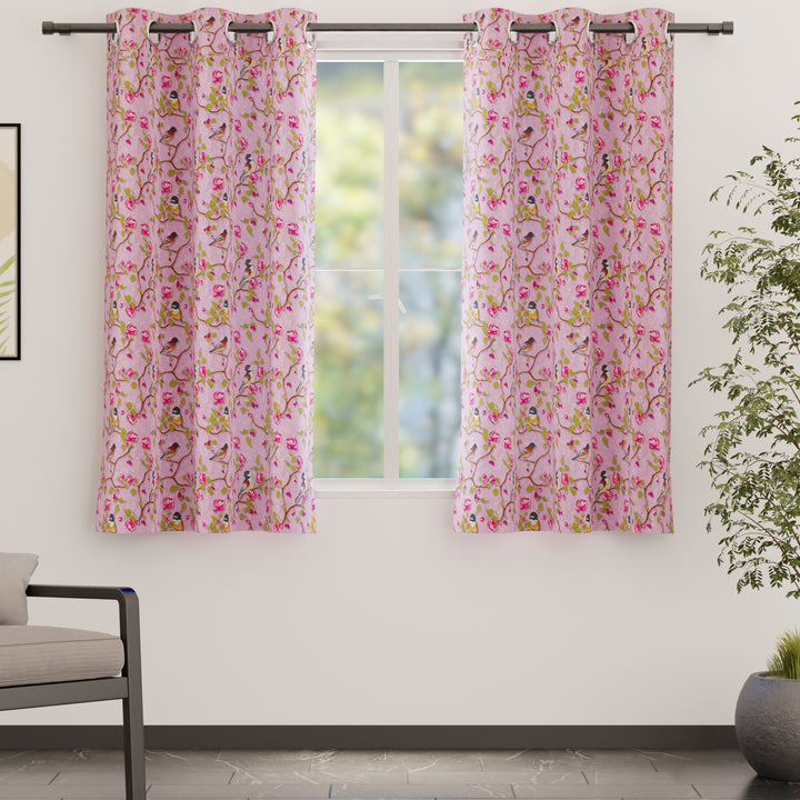 Blackout Polyester Dusty Pink Birds Curtain (Pack of 2)
