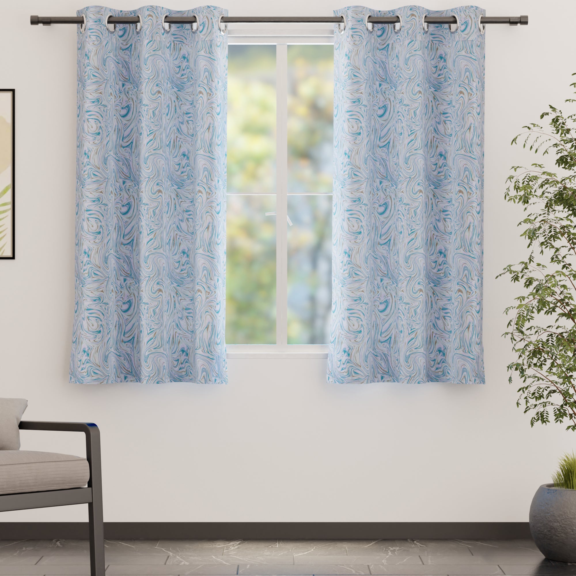 Blackout Polyester Marble Turq Curtain (Pack of 2)
