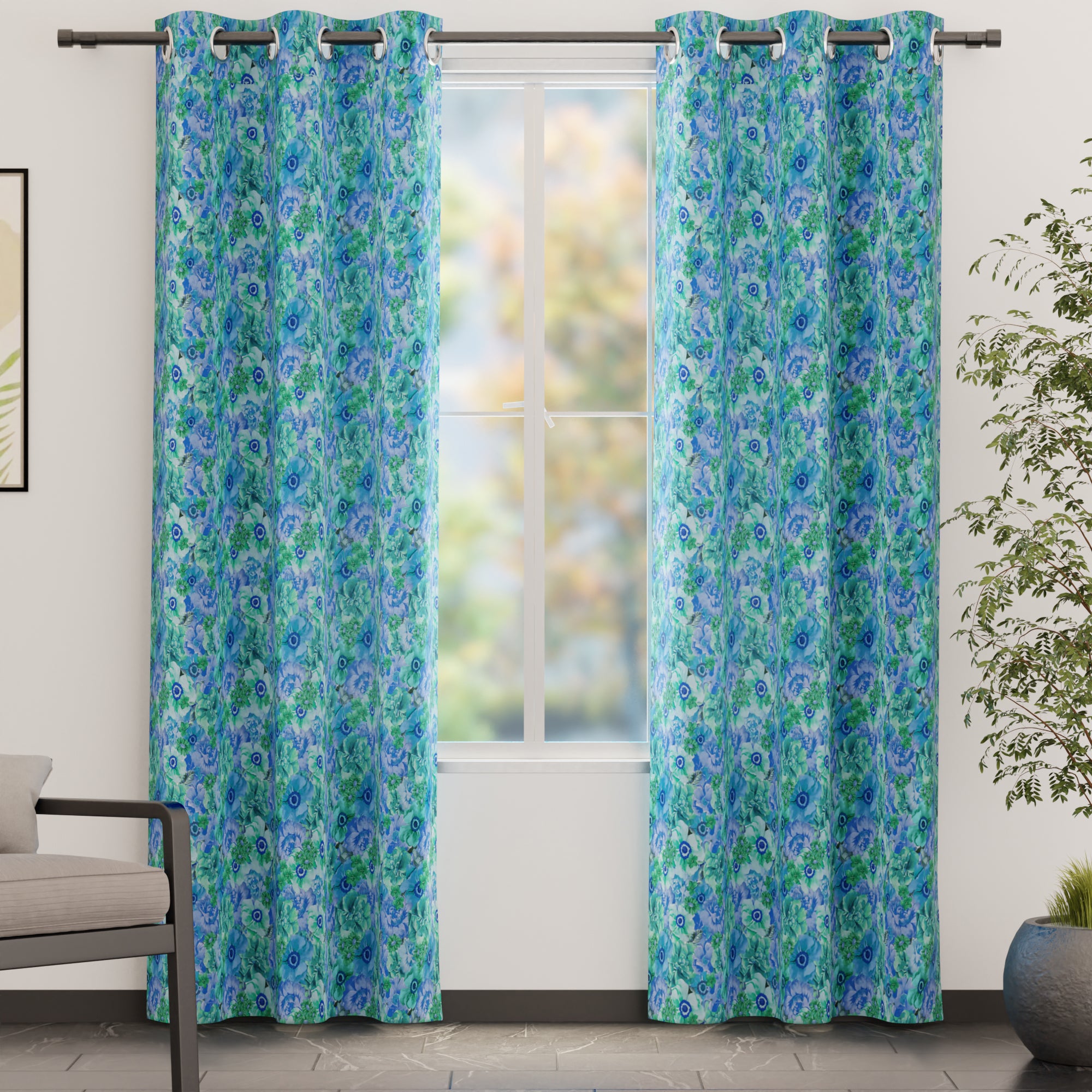 Blackout Polyester F2 Blue Curtain (Pack of 2)