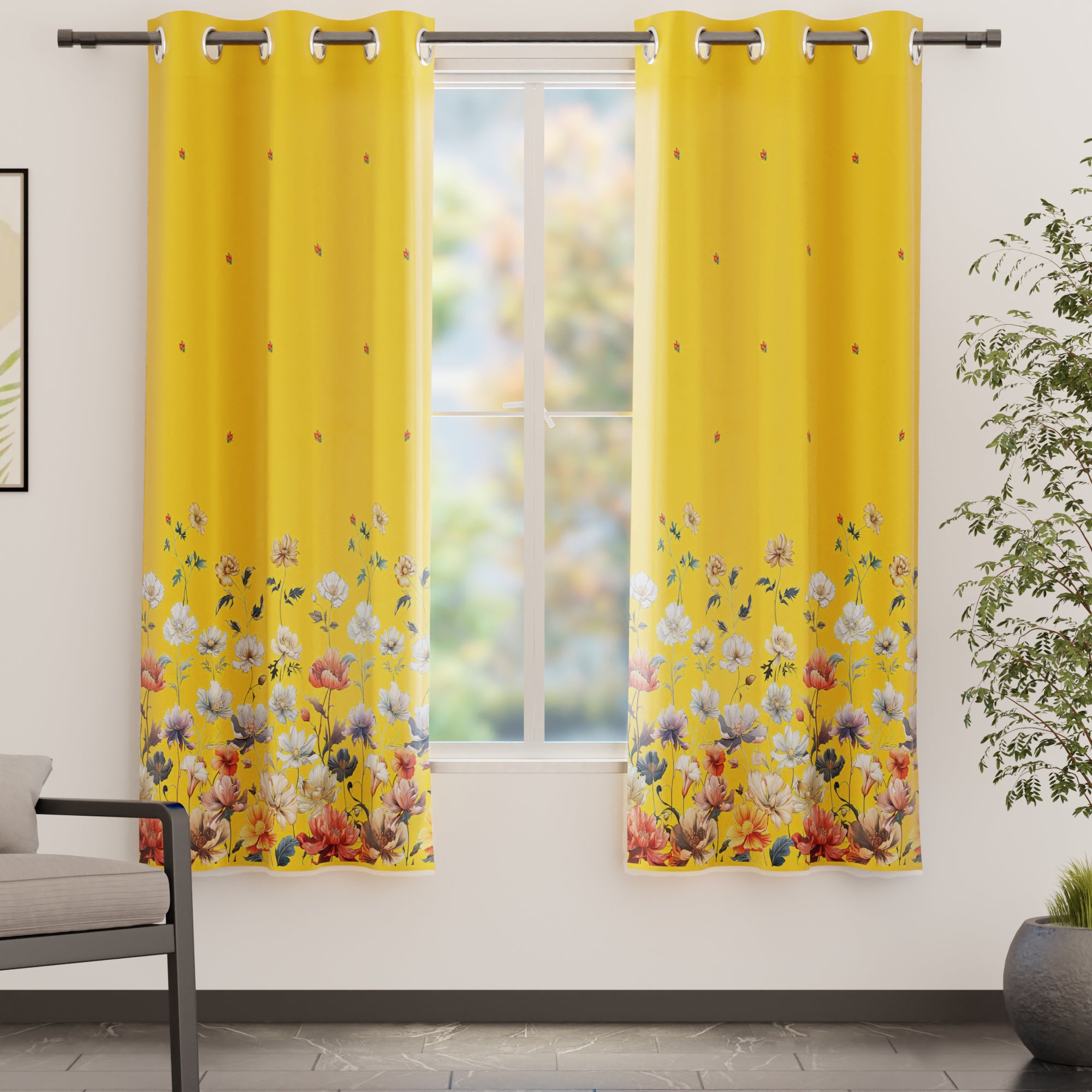 Blackout Polyester J2 Yellow Curtain (Pack of 2)