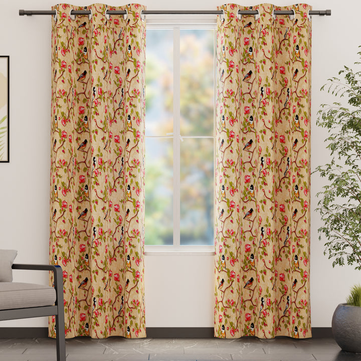 Blackout Polyester Pale Gold Birds Curtain (Pack of 2)