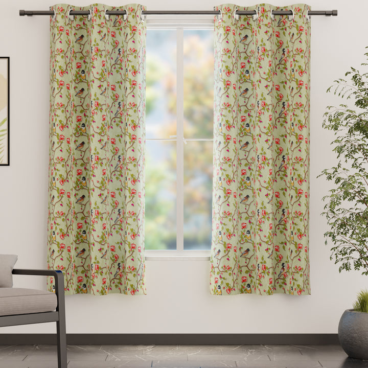 Blackout Polyester Sage Green Birds Curtain (Pack of 2)