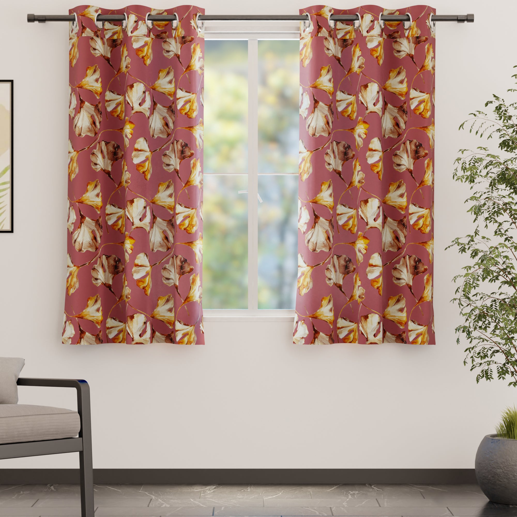 Blackout Polyester Gingko Plum Curtain (Pack of 2)