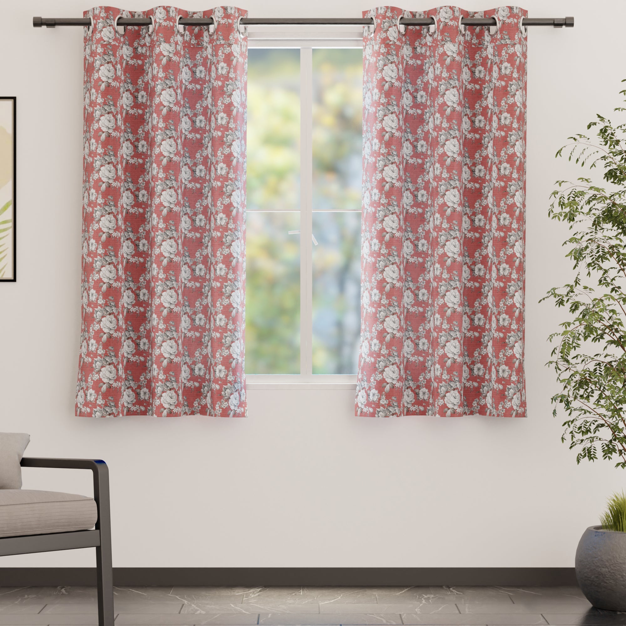 Blackout Polyester F4 English Rose Curtain (Pack of 2)