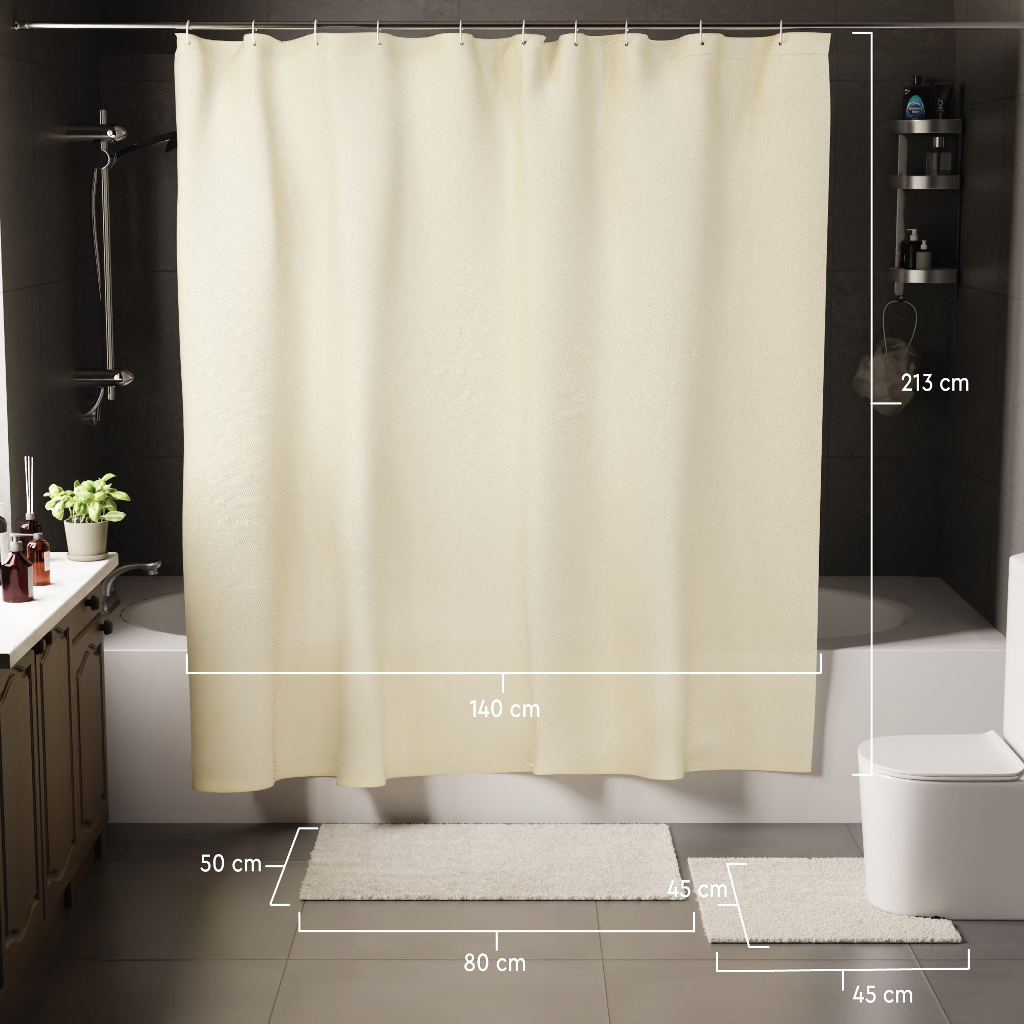 Polyester Natural Shower Curtain + Bathmat (Pack of 3)