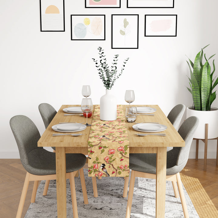 Blackout Polyester Pale Gold Birds Table Runner (Pack of 1)