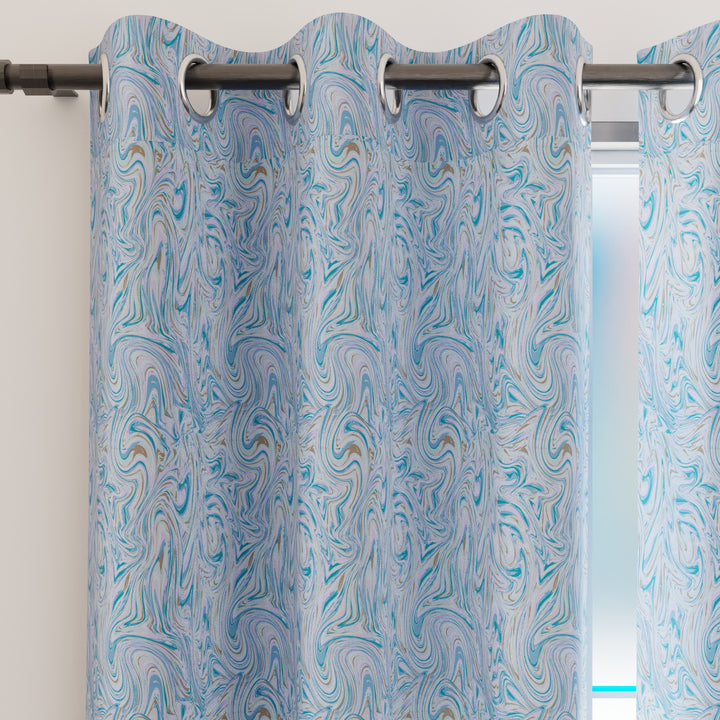 Blackout Polyester Marble Turq Curtain (Pack of 2)